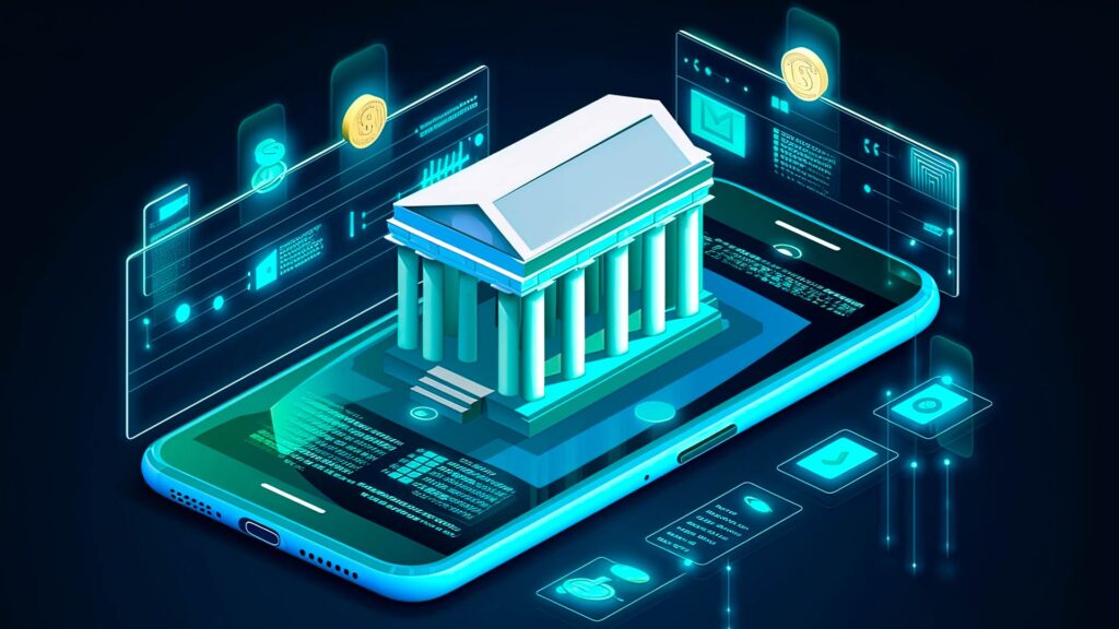 Representação digital de um banco tradicional emergindo de um smartphone, ilustrando o conceito de Open Banking e a transformação digital dos serviços financeiros.