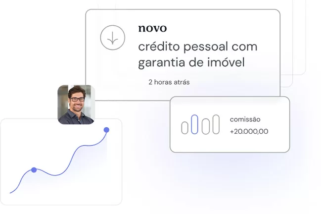Interface digital mostrando uma oferta de crédito pessoal com garantia de imóvel, destacando uma comissão de R$ 20.000,00. A imagem inclui um gráfico de crescimento e a foto de um profissional sorridente, sugerindo sucesso financeiro.
