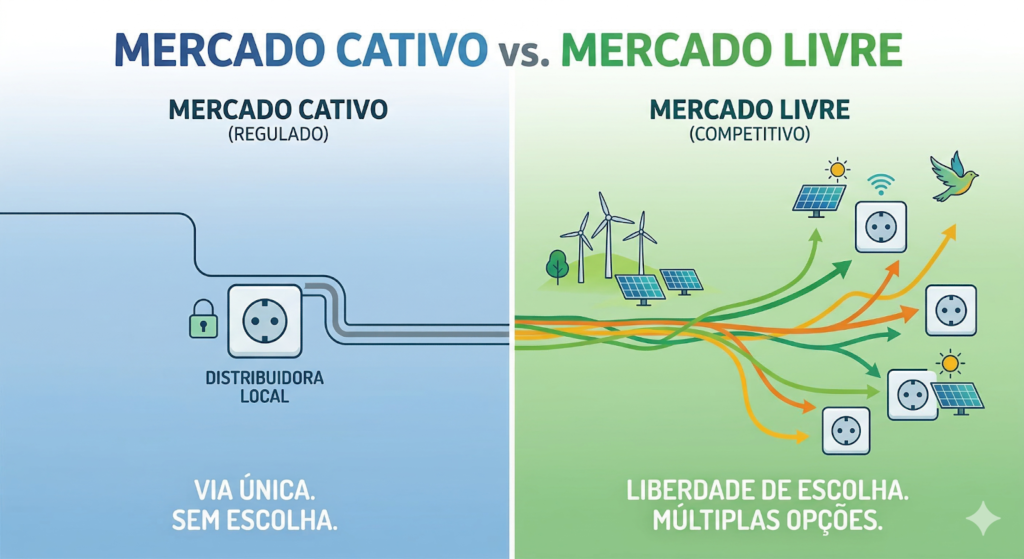 Mercado de Energia: Infográfico comparativo entre Mercado Cativo e Mercado Livre. À esquerda, uma tomada com cadeado representa a via única e sem escolha do modelo regulado. À direita, diversas setas coloridas conectam a múltiplas opções e fontes renováveis, simbolizando a liberdade de escolha.Imagem gerada por inteligência artificial