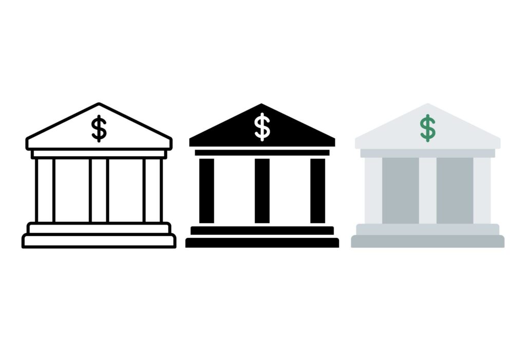 Três ícones de banco em diferentes estilos visuais, representando a multiplicidade e a evolução Multi-Banking.